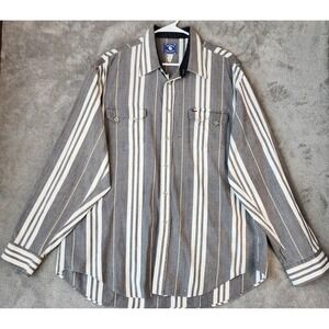 Texas Cotton Shirt Mens XL Grey White Striped Western Pearl Snap Long Sleeve